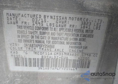 2015 Nissan Sentra Sv z USA, uszkodzony, nr VIN 3N1AB7AP6FY254669